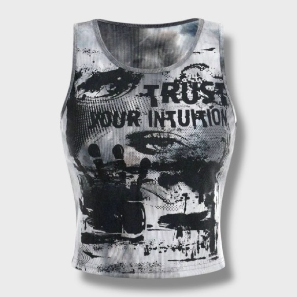Tops - Grunge Graphic Cropped Tank - L